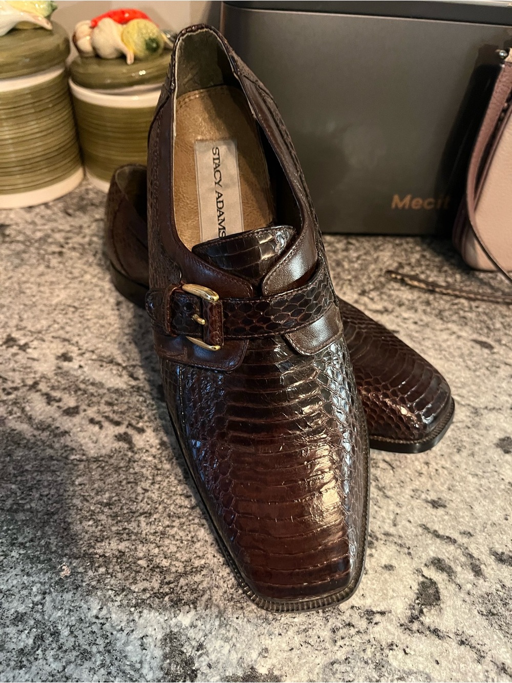 Stacy Adams Brown Snakeskin Buckle Dress Shoes Square Toe Men's Sz 8 NWOB
